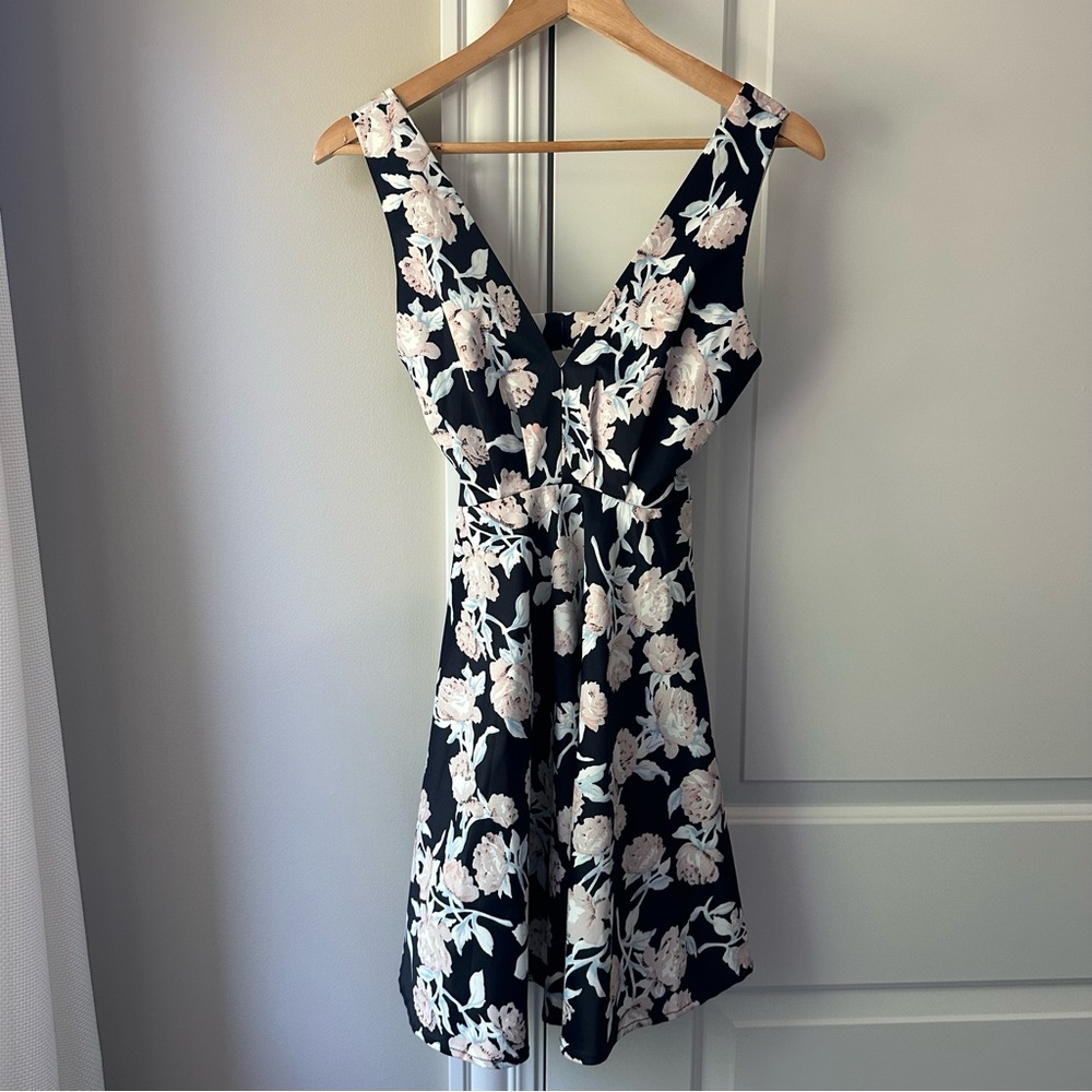 AKIRA Black and Cream Floral Mini Dress